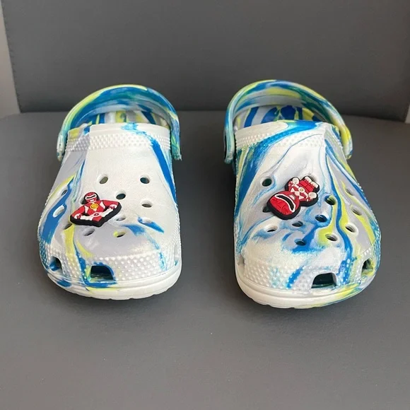 Crocs Kids Classic Marble Clog Blue/Lime/White Dye Power Ranger Jibbitz Size 10C - Picture 3 of 13